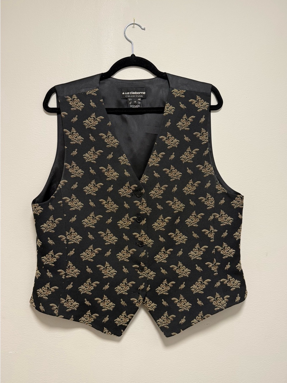 Liz Claiborne Black Vest with Gold Floral Jacquard